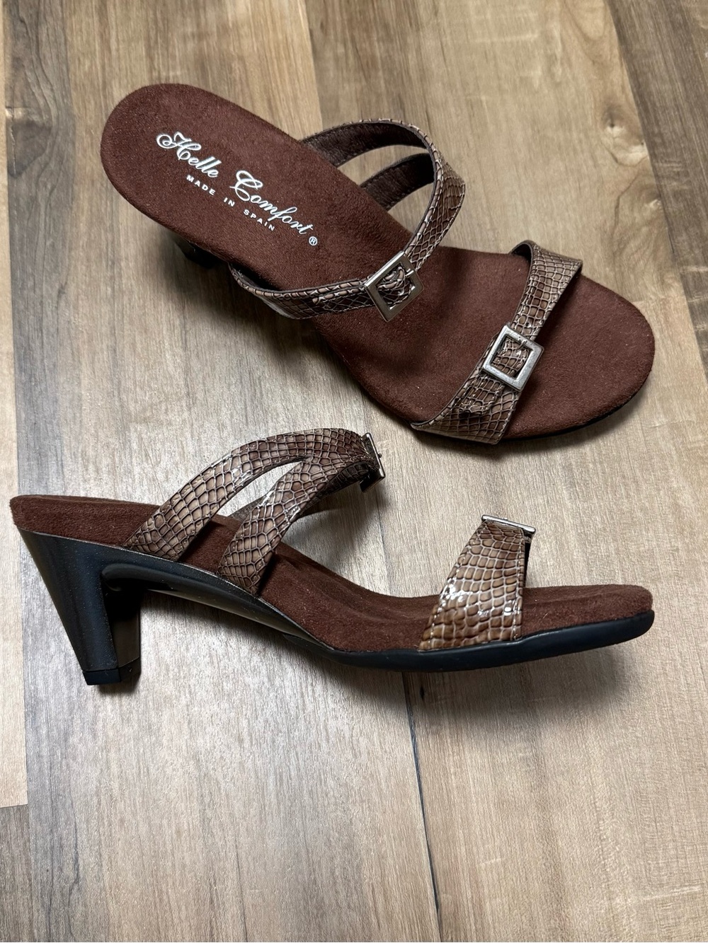 Helle Brown Snake-Print Strappy Mid-Heel Sandals